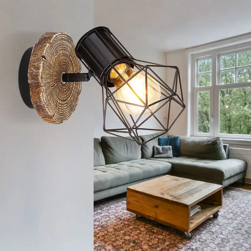 Wandlamp, houtlook, zwart, verstelbare spot, H 18,5cm Gereduceerde Prijs