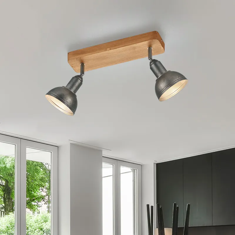Express Levering Plafondlamp, hout, nikkel antiek, verstelbare spot, L 33 cm