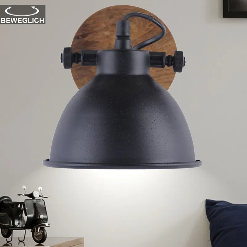 Wandlamp, zwart, hout, beweegbare spot, H 22 cm Must-Have