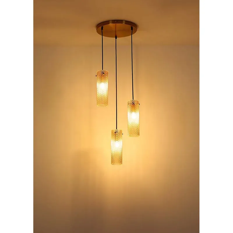 Direct Verzonden Hanglamp, goudkleurig, amberkleurig glas, 3 lampen, hoogte 120 cm