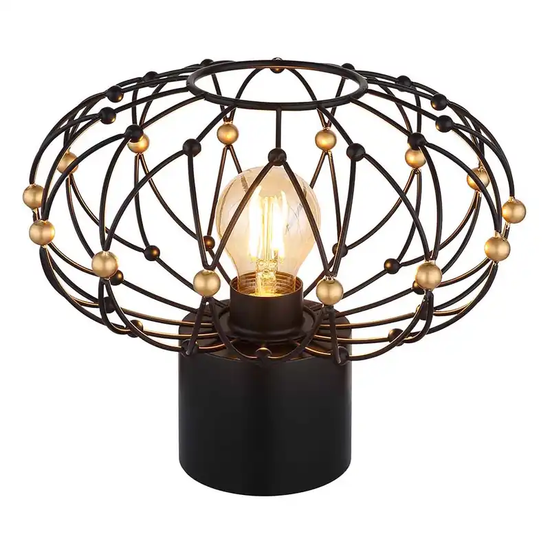 Direct Verzonden Tafellamp, mat zwart, vlechtwerk, gouden accenten, D 28 cm