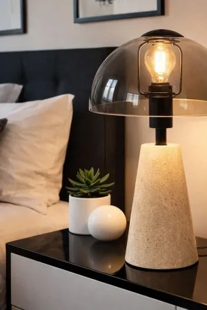 Aanbieding Tafellamp, travertijnsteen, rookkleurig glas, H 31 cm
