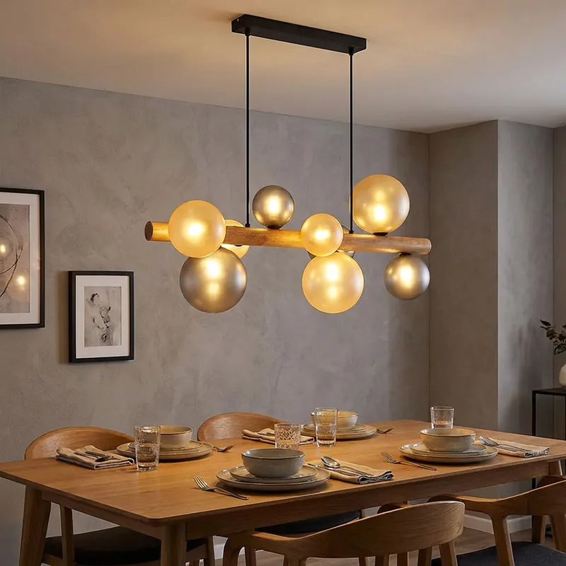 Direct Beschikbaar Hanglamp, glas, hout, zwart, rookkleurig, hoogte 150 cm