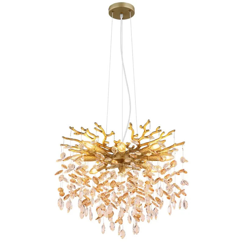 Hanglamp, matgoud, amberkleurige glazen kristallen, hoogte 120 cm Hoge Kwaliteit