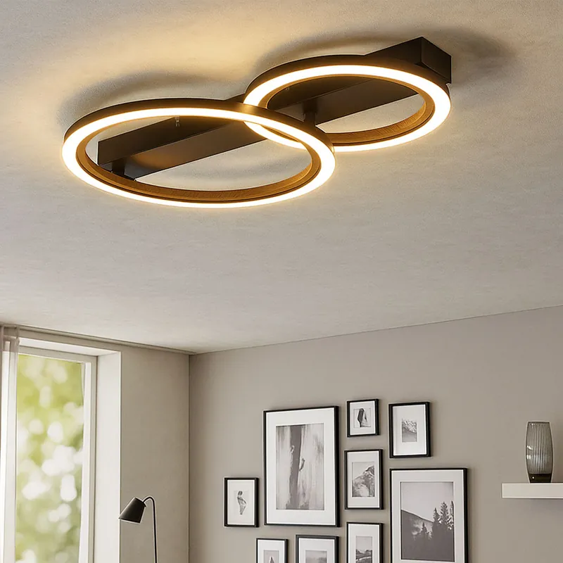 LED plafondlamp, houtlook, zwart, L 44 cm Dagaanbieding