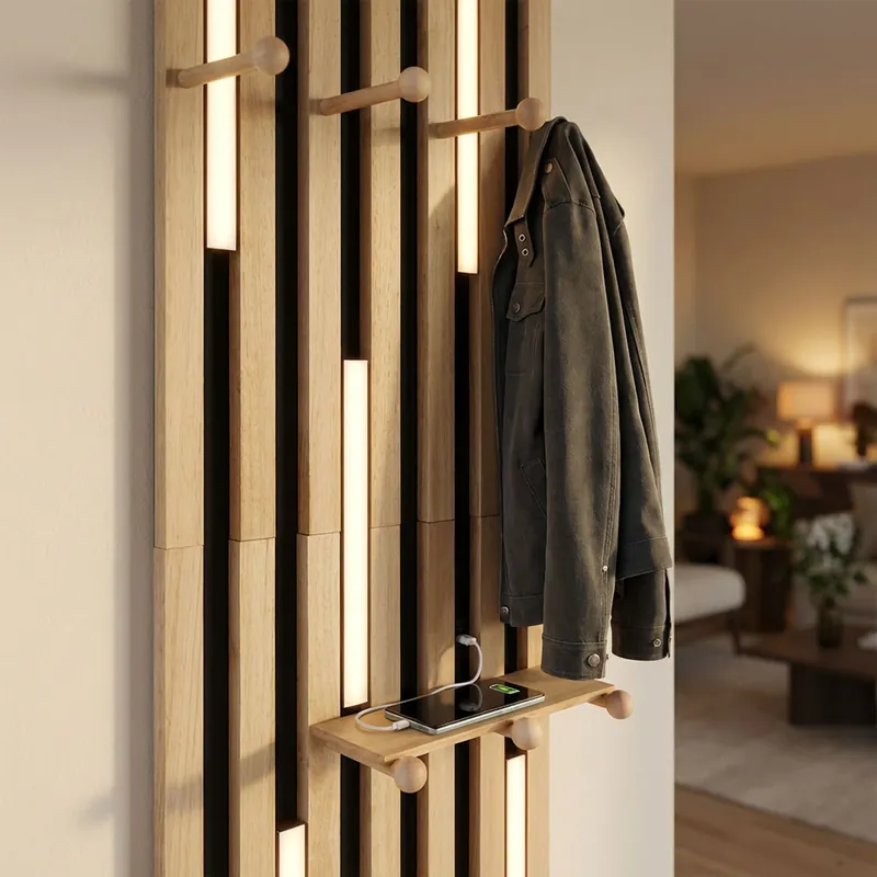 LED wandlamp, kapstokpaneel, zwart, USB-uitgang, H 110 cm Direct Verzonden