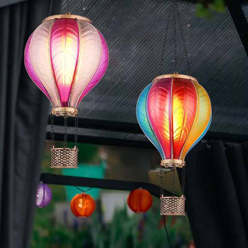 Fabrieksprijs Set van 2 LED solarlampen, heteluchtballon, vuureffect, H 46,5 cm