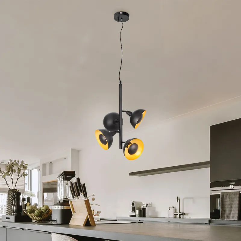 Hanglamp, zwart, goud, H 150 cm Op = Op