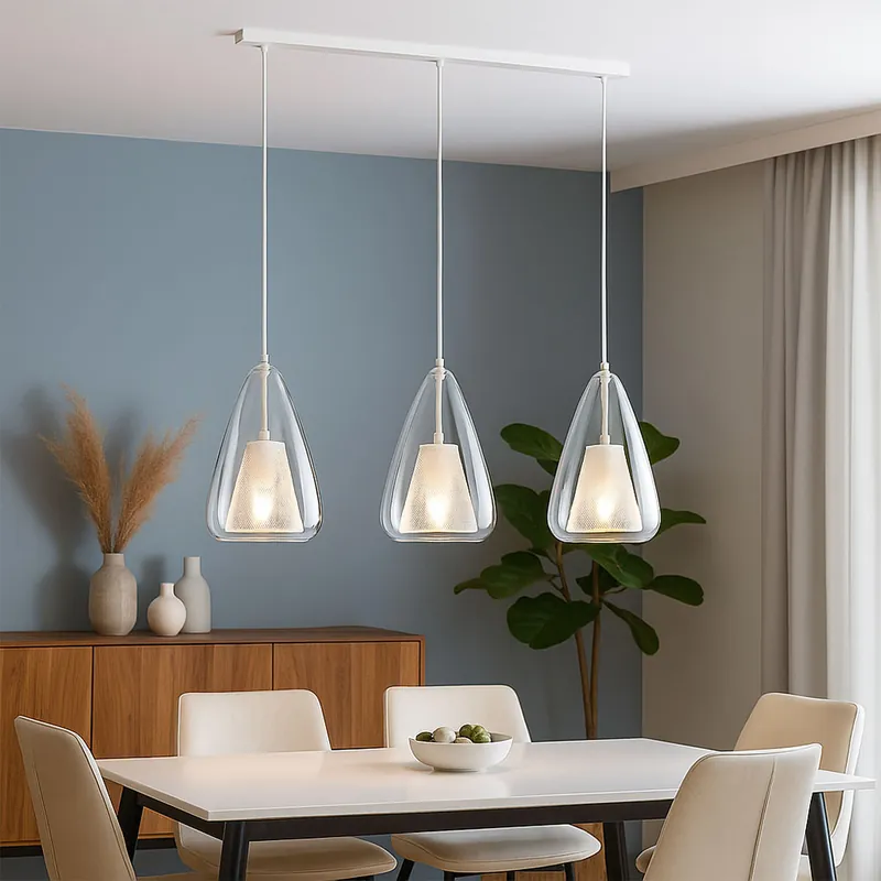 Hanglamp, helder glas, wit metaal, H 150 cm Aanbieding