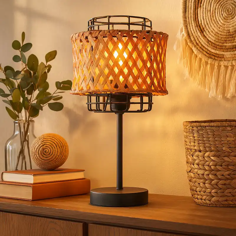 Favoriet Boho tafellamp, kooi, bamboe vlechtwerk, zwart, H 32 cm