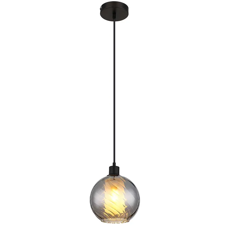 Hanglamp, zwart, glazen bol, rook, H 120 cm Nieuw