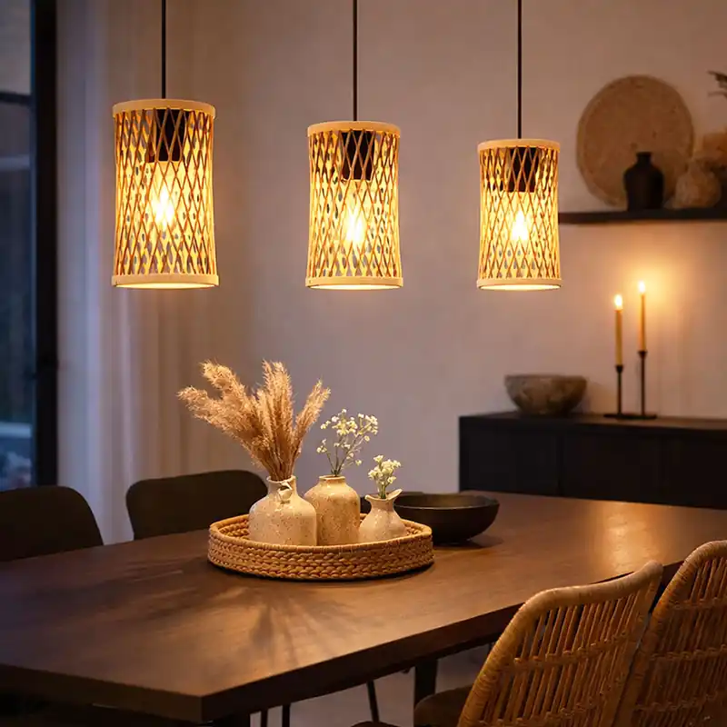 Gratis Retour Hanglamp, zwart, bamboe, 3-lichts, L 72 cm
