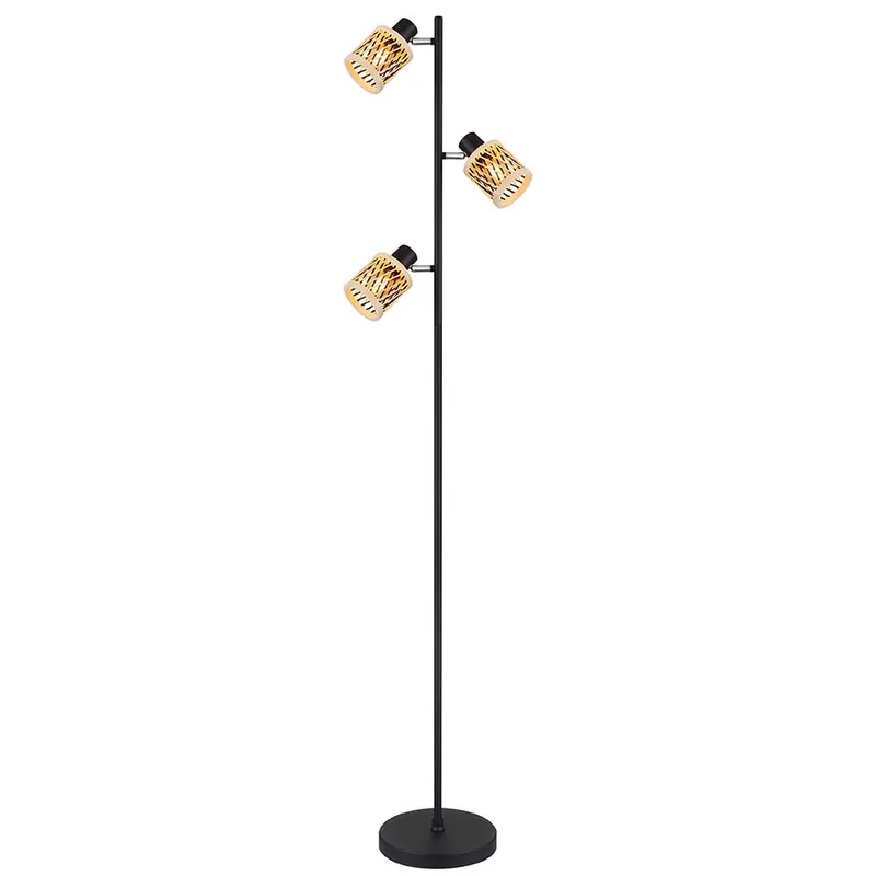 Staande lamp, mat zwart, natuurlijk bamboe, 3-lamps, H 154 cm Veilige Betaling