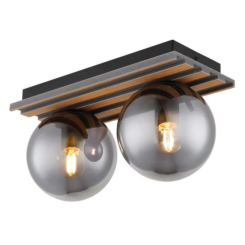 Dagaanbieding Plafondlamp, houteffect, zwart, glazen bol, L 35 cm
