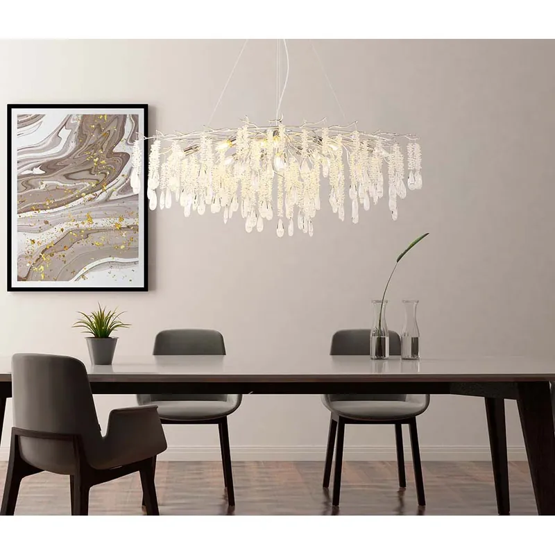 Betaalbaar Hanglamp, metaal, zilverkleurig, glazen kristallen, H 120 cm