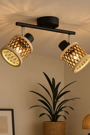 Actieprijs Plafondlamp, mat zwart, bamboe, beweegbaar, L 25 cm