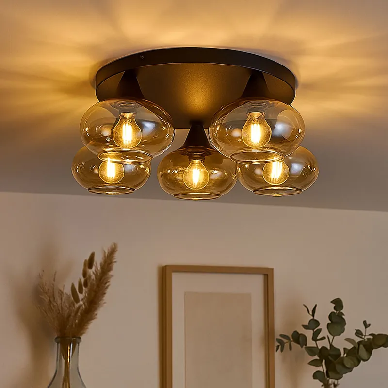 Plafondlamp, 5-lichts, amber glas, zwart, D 49 cm Exclusieve Aanbieding