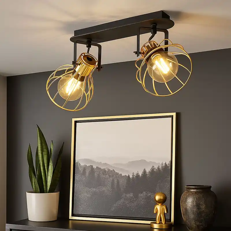 Gratis Retour Plafondlamp, metalen gaas, hout, verstelbaar, H 26 cm