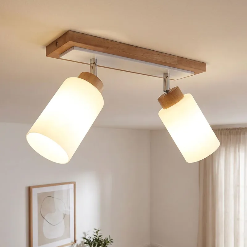 Plafondlamp, bruin hout, wit metaal, draaibaar, L 60 cm Gereduceerde Prijs