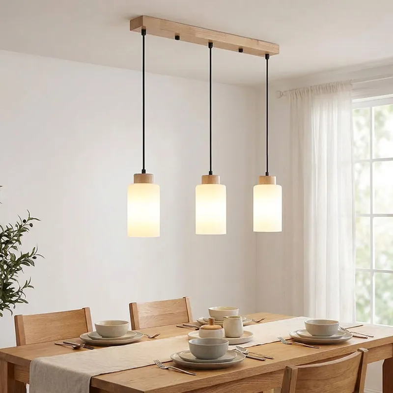 Hanglamp, hout, bruin, glas, opaal mat, 3-lichts, E27, L 60 cm Tijdelijk Beschikbaar