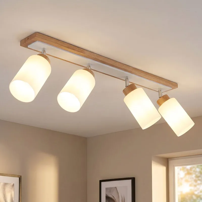 Plafondlamp, bruin hout, wit metaal, draaibaar, L 81 cm Goedkoop