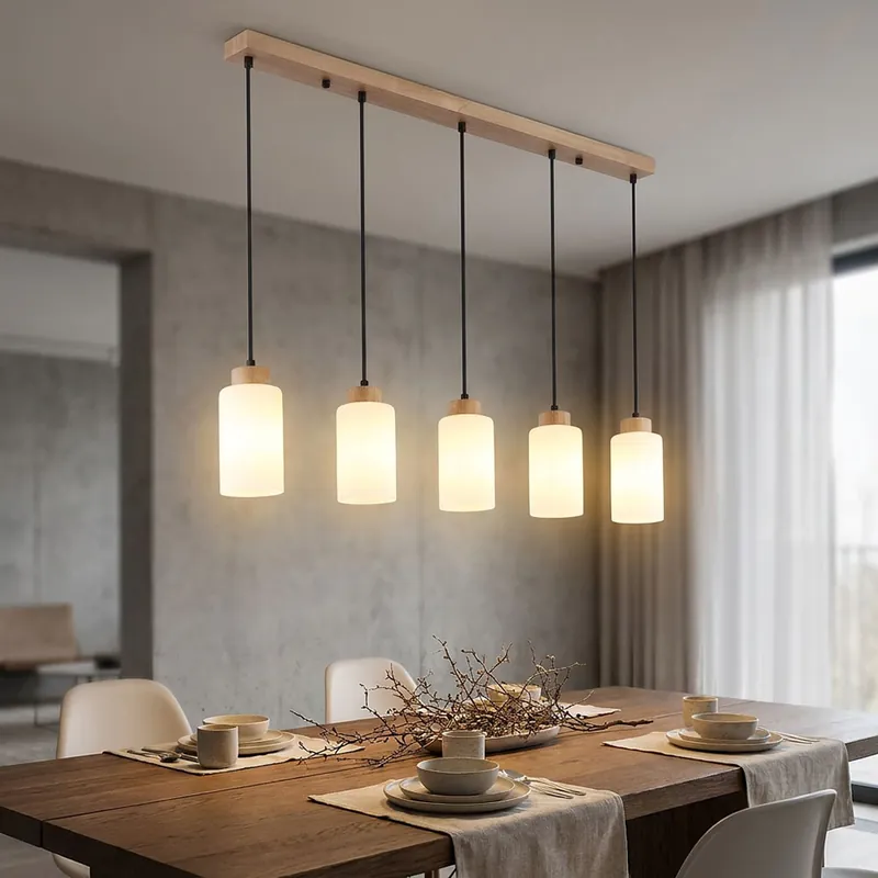 Hanglamp, hout, bruin, opaalglas, 5 lampen, hoogte 120 cm Rechtstreeks Van De Fabrikant
