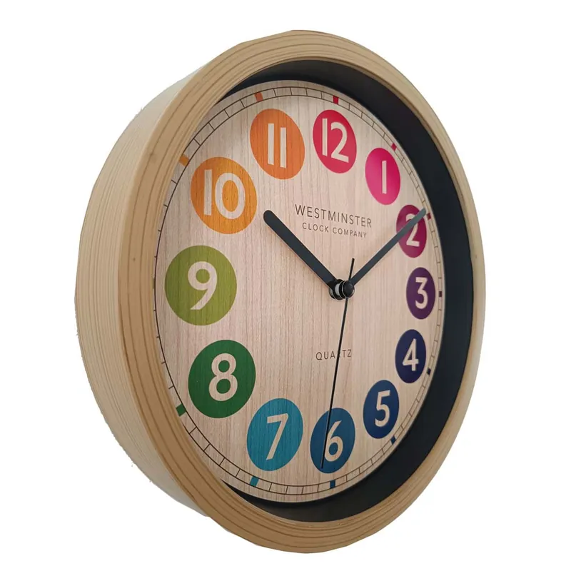 Wandklok, houtlook, kleurrijke cijfers, analoog, diameter 22 cm Koop Vandaag