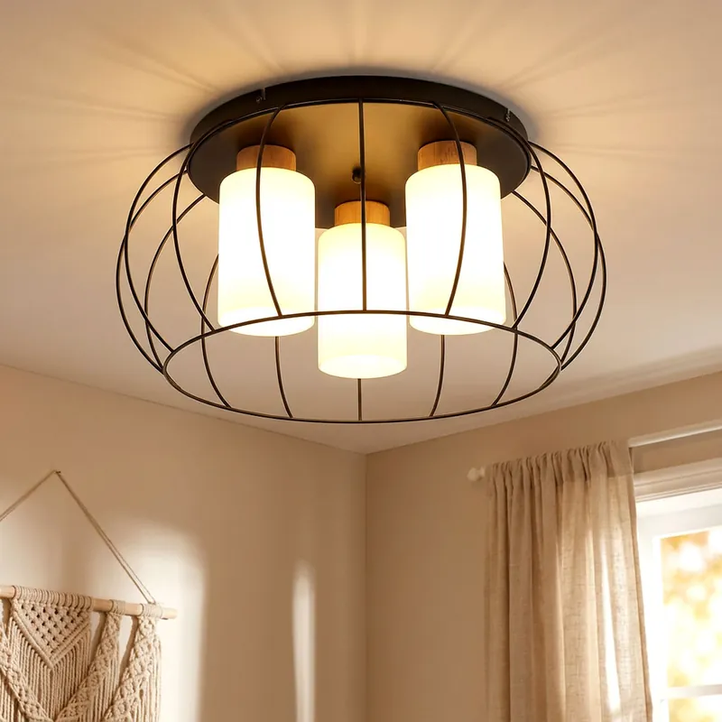 Koopje Plafondlamp, zwart mat metaal, eikenhout, D 50 cm