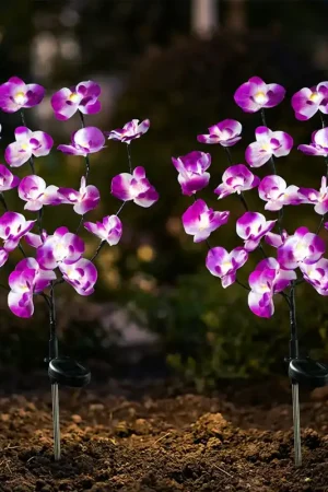 2x LED solarlamp, orchidee, grondspies, oplaadbare batterij, H 75cm Beperkte Voorraad
