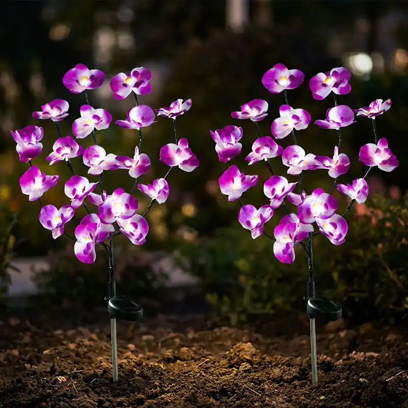 2x LED solarlamp, orchidee, grondspies, oplaadbare batterij, H 75cm Beperkte Voorraad