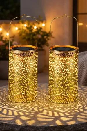 Set van 2 LED-lantaarns op zonne-energie, bladmotief, brons, h 18 cm Betrouwbaar