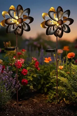 Finale Uitverkoop Set van 2 LED solarlampen, bloemmotief, windmolen, H 92 cm
