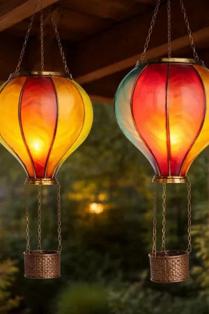 2x LED solar hanglamp, kleurrijk, heteluchtballon, H 47 cm Populair